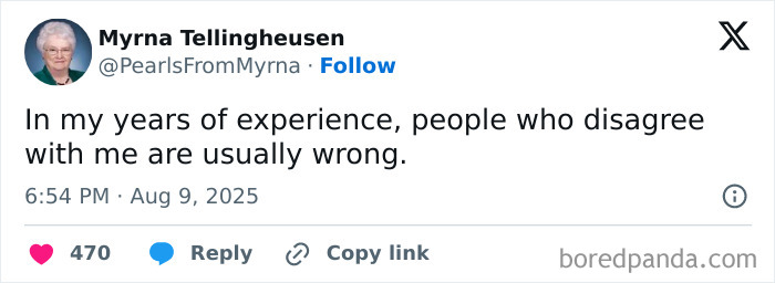 Screenshot of a humorous tweet from the internet’s funniest grandma sharing a witty joke about experience and disagreement.