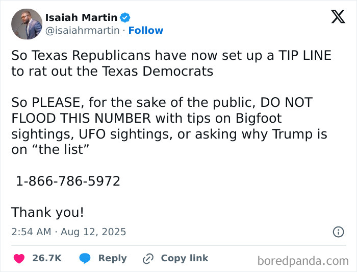 Tweet from Isaiah Martin about Texas Republicans setting up a tip line, showcasing chaotic good actions with humor and critique.