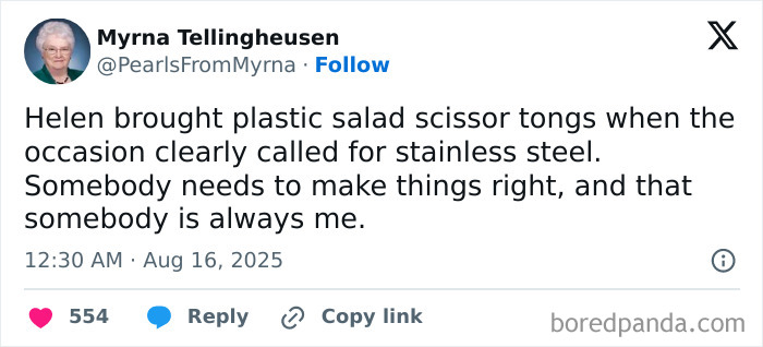 Tweet from internet’s funniest grandma Myrna Tellingheusen joking about plastic salad tongs versus stainless steel on social media.