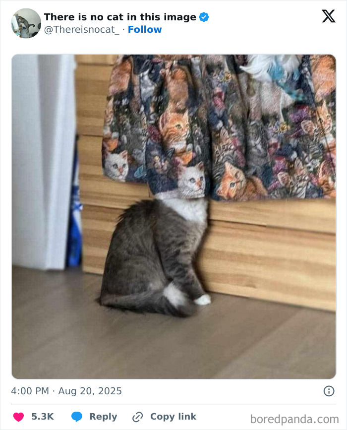 Cat sitting with its head hidden behind a curtain printed with multiple cat faces, blending seamlessly into the background.