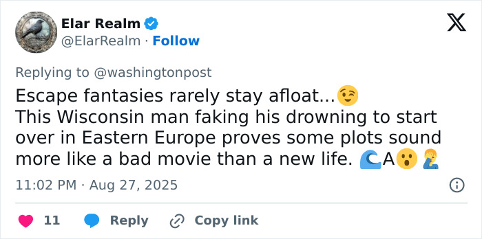 Tweet discussing a Wisconsin man faking his own passing to be with his mistress in Eastern Europe.