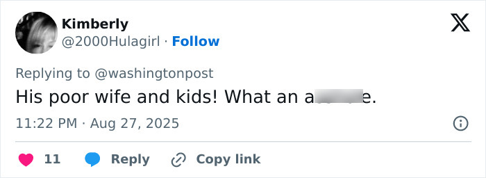 Twitter reply from user Kimberly expressing sympathy for a wife and kids after husband faked his passing to be with mistress.