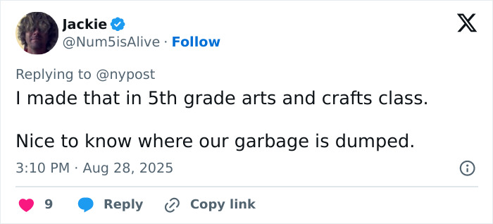 Tweet reply criticizing an ancient head carving found on farm, referencing arts and crafts class and garbage disposal.