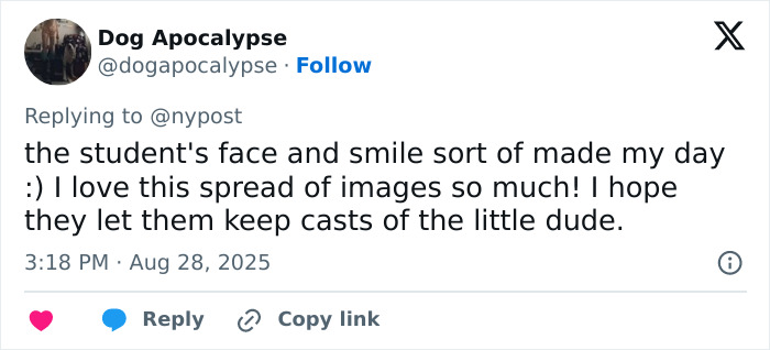 Tweet from user Dog Apocalypse expressing joy about a student's smile and images related to a creepy ancient head carving discovery.