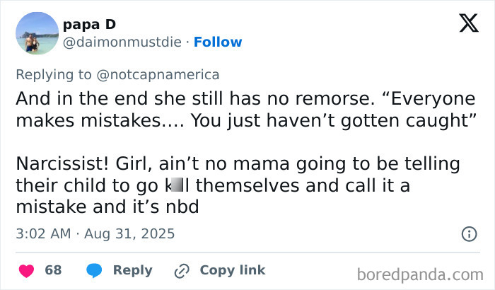 Screenshot of a social media reply discussing a mom who catfished her daughter using 'Lo' in disturbing threats.