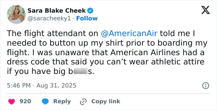 Model criticizes flight attendant over big breasts discrimination after being forced to button up shirt before boarding flight.