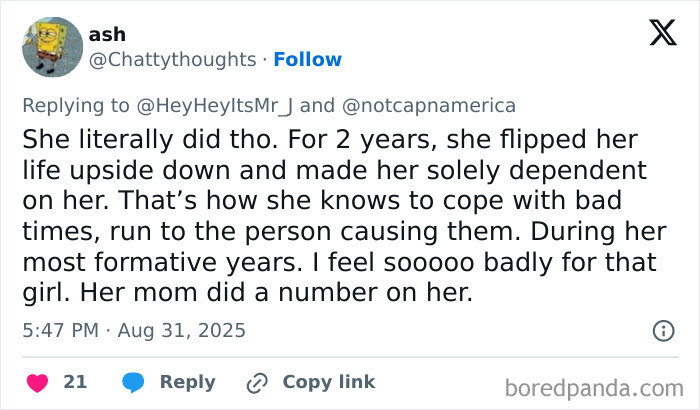 Screenshot of a social media reply discussing a mom who catfished her daughter and used the Lo nickname in threats.