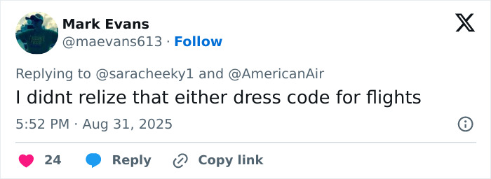 Tweet from Mark Evans discussing flight dress code, highlighting issues related to big breasts discrimination on airlines.