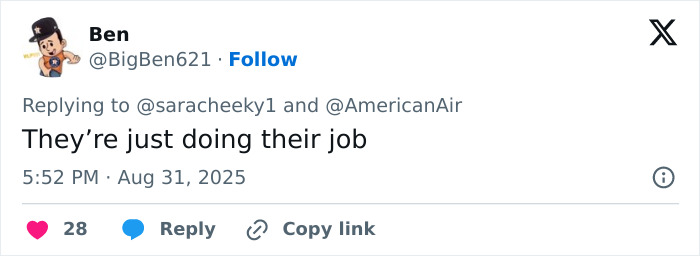 Screenshot of a tweet replying to a flight attendant incident, mentioning big breasts discrimination controversy.