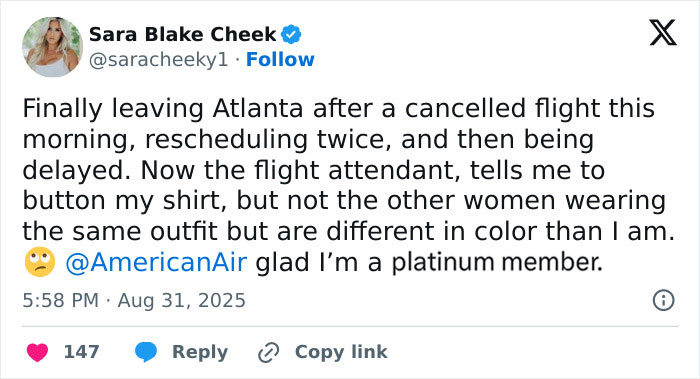 Tweet by Sara Blake Cheek describing flight attendant forcing her to button shirt, highlighting big breasts discrimination during travel delay.