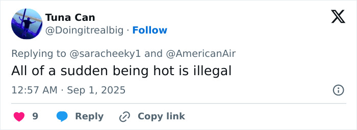 Tweet showing a user commenting on being forced to button up, related to big breasts discrimination by flight attendant.