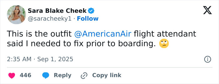 Tweet from model sharing outfit a flight attendant told her to fix before boarding, highlighting big breasts discrimination issue.