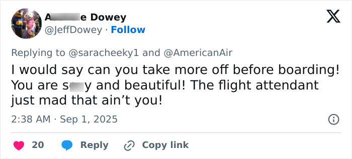 Screenshot of a tweet discussing big breasts discrimination by a flight attendant who forced a model to button up.