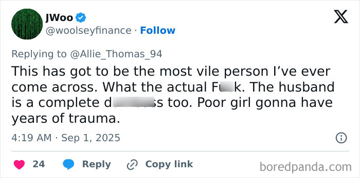 Tweet criticizing the mom who catfished her daughter, explaining trauma with disturbing threats using Lo nickname.