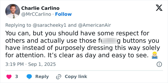 Tweet criticizing a model&rsquo;s dress, mentioning use of buttons and attention, related to big breasts discrimination claims.