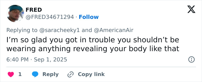 Tweet criticizing revealing clothing, related to model slamming flight attendant for big breasts discrimination.