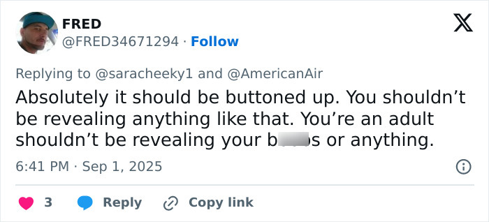 Tweet criticizing flight attendant&rsquo;s dress code enforcement, discussing big breasts discrimination and buttoning up policy.