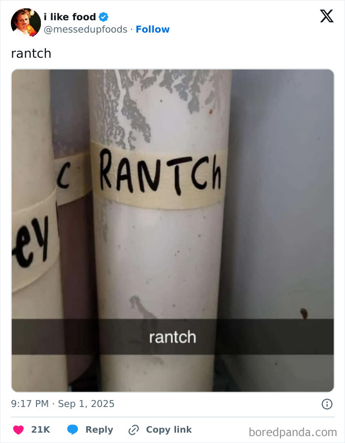 Screenshot of a funny tweet showing a label misspelling ranch as rantch, part of funniest tweets of September collection.