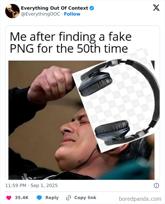 Man frustrated while holding a fake PNG image of headphones in this funniest tweets collection from September.