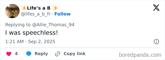 Screenshot of a tweet from user Life&rsquo;s a B expressing being speechless, related to expert on mom catfishing threats.