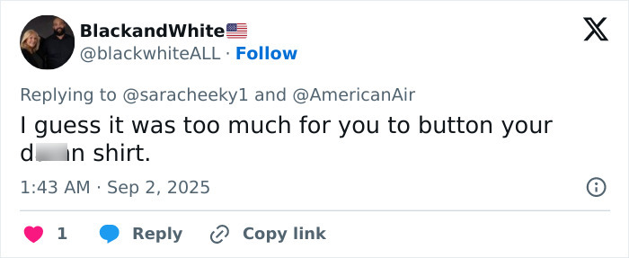 Tweet criticizing flight attendant for forcing model to button up, highlighting big breasts discrimination issue.