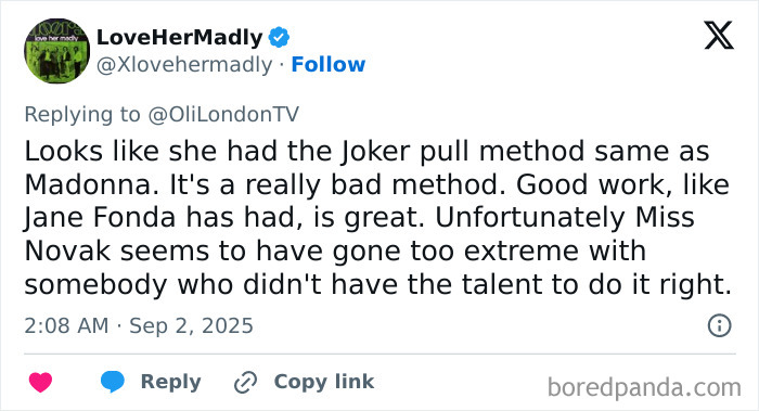 Tweet text criticizing Kim Novak's appearance, mentioning the Joker pull method and comparing to Madonna and Jane Fonda.