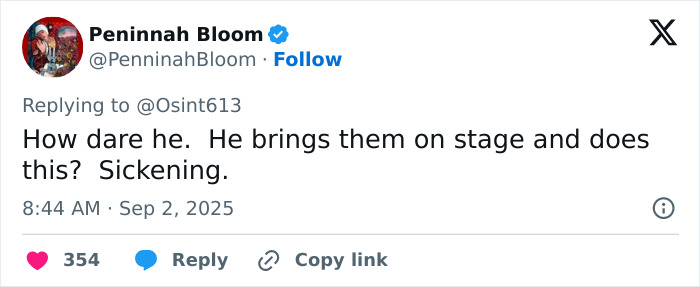 Tweet criticizing Coldplay&rsquo;s Chris Martin for dehumanizing fans with a political speech during a viral concert moment.
