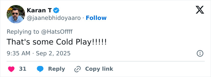 Tweet on social media critical of Coldplay&rsquo;s Chris Martin for dehumanizing fans with political speech at concert.