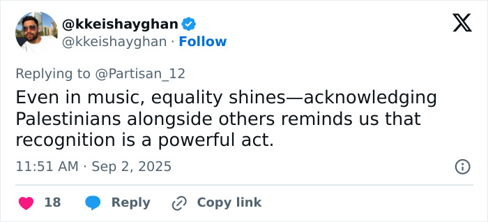 Tweet screenshot showing a user commenting on equality and recognition in music, related to Coldplay&rsquo;s Chris Martin political speech.