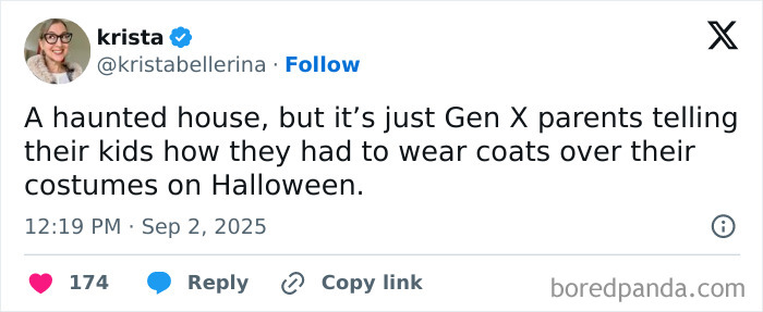 Tweet from Krista humorously describing Gen X parents telling kids to wear coats over Halloween costumes, parenting posts humor.