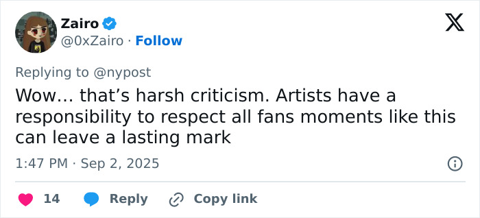 Tweet discussing criticism of Coldplay&rsquo;s Chris Martin for dehumanizing fans with political speech during concert.