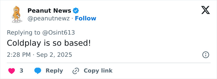 Tweet from Peanut News praising Coldplay, posted September 2, 2025, referencing Coldplay&rsquo;s Chris Martin and fans in a viral moment.