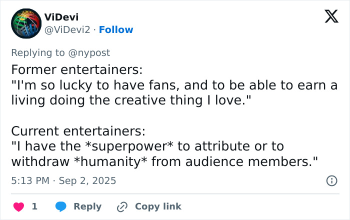 Tweet criticizing Coldplay&rsquo;s Chris Martin for dehumanizing fans with political speech during a viral concert moment.