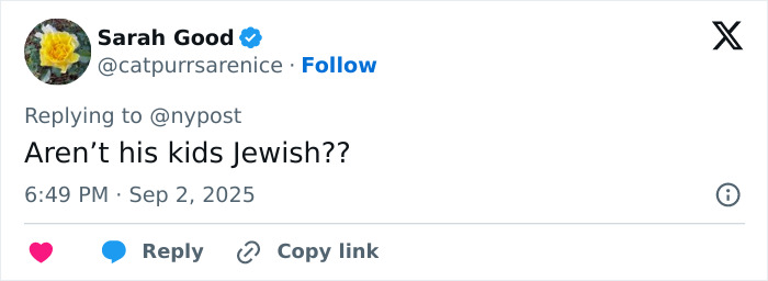 Tweet by user Sarah Good replying about kids' religion, related to Coldplay&rsquo;s Chris Martin slammed for dehumanizing fans with political speech.