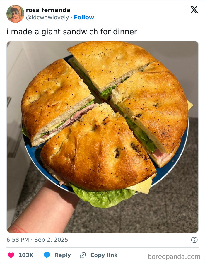 Tweet showing a giant sandwich with lettuce, cheese, and ham, featured among the funniest tweets of September.