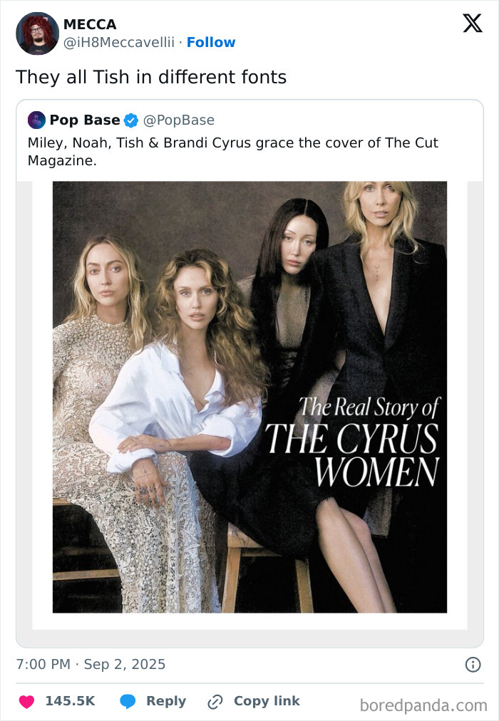 Tweet with a humorous comment about Miley, Noah, Tish, and Brandi Cyrus on a magazine cover, part of funniest tweets of September.