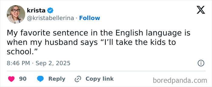 Screenshot of a humorous parenting post joking about the favorite sentence being taking kids to school.