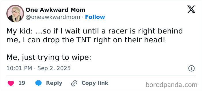 Tweet from One Awkward Mom humorously describing a parenting moment about kids and a TNT game reference.