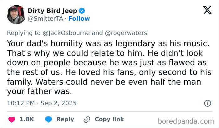 Screenshot of a Twitter reply showing a heated exchange involving Roger Waters and Ozzy Osbourne’s son. Screenshot of a Twitter reply showing a heated exchange involving Roger Waters and Ozzy Osbourne’s son.