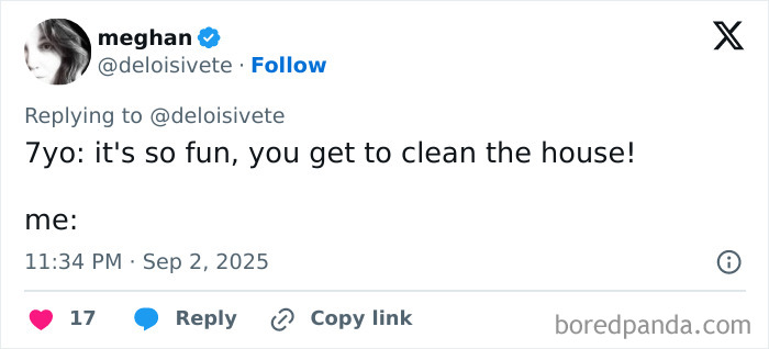 Tweet showing a humorous parenting post about cleaning the house by a 7-year-old child.