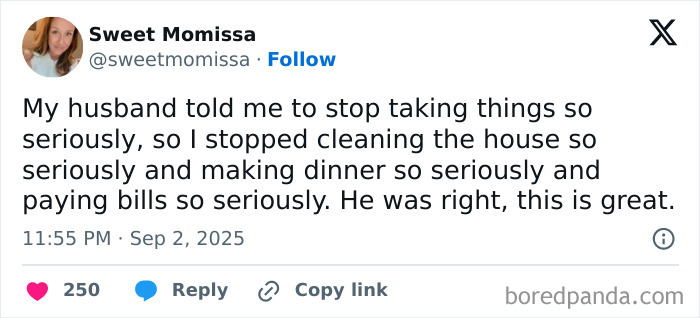 Tweet from Sweet Momissa humorously sharing a parenting post about not taking household chores seriously and enjoying life more.