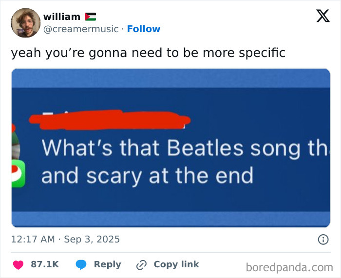 Twitter post questioning the name of a Beatles song, featured in the funniest tweets of September collection.