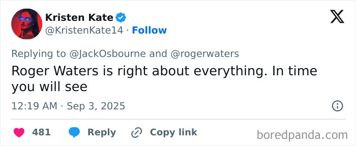 Screenshot of a tweet discussing Roger Waters and Ozzy Osbourne amid controversy and son’s response online. Screenshot of a tweet discussing Roger Waters and Ozzy Osbourne amid controversy and son’s response online.