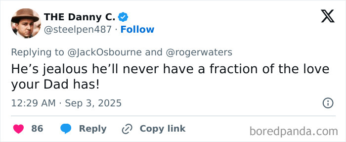 Tweet showing a reply defending the late Ozzy Osbourne amid Roger Waters idiocy and nonsense controversy. Tweet showing a reply defending the late Ozzy Osbourne amid Roger Waters idiocy and nonsense controversy.