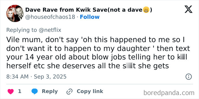Screenshot of a Twitter reply discussing a mom who catfished her daughter using disturbing threats and the Lo nickname.