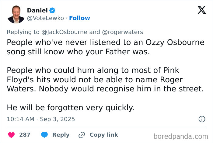 Screenshot of a Twitter reply exchanging insults between Roger Waters and Ozzy Osbourne’s son about their music legacies. Screenshot of a Twitter reply exchanging insults between Roger Waters and Ozzy Osbourne’s son about their music legacies.