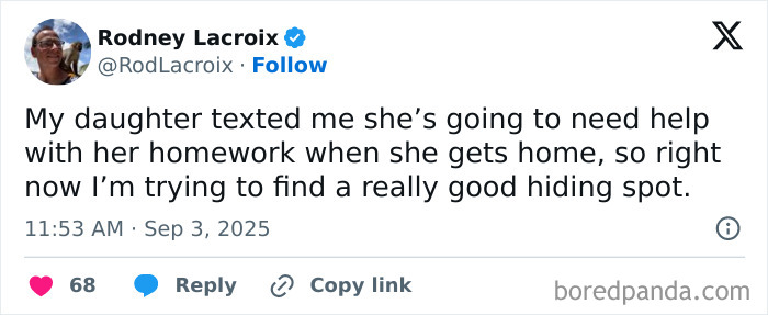 Screenshot of a funny parenting post about a dad searching for a good hiding spot as his daughter needs homework help.