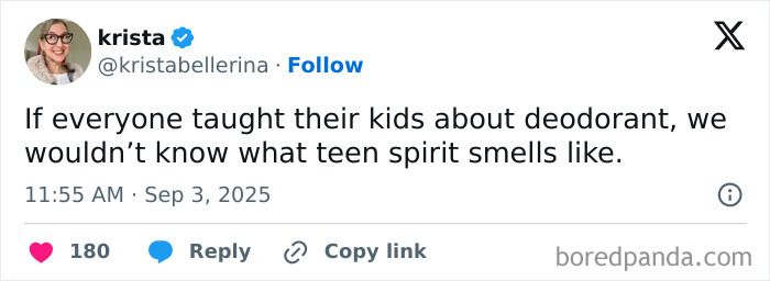Twitter post by Krista sharing a humorous parenting post about kids and deodorant, relevant to parenting posts chuckle content.