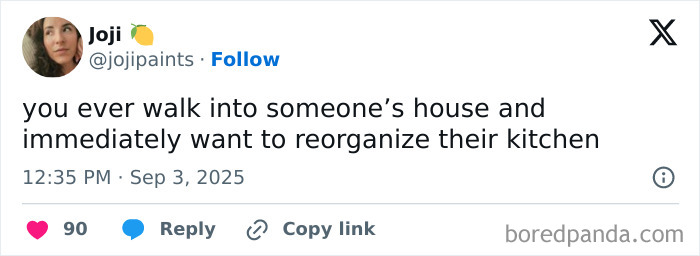 Tweet from Joji about wanting to reorganize a kitchen, illustrating humorous parenting posts that make you chuckle.
