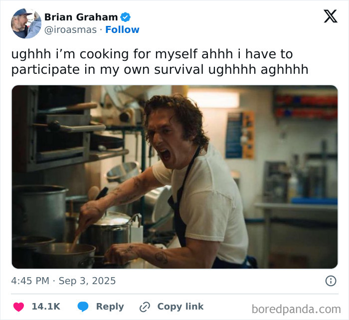 Man cooking in a kitchen with an exaggerated frustrated expression, capturing one of the funniest tweets of September.
